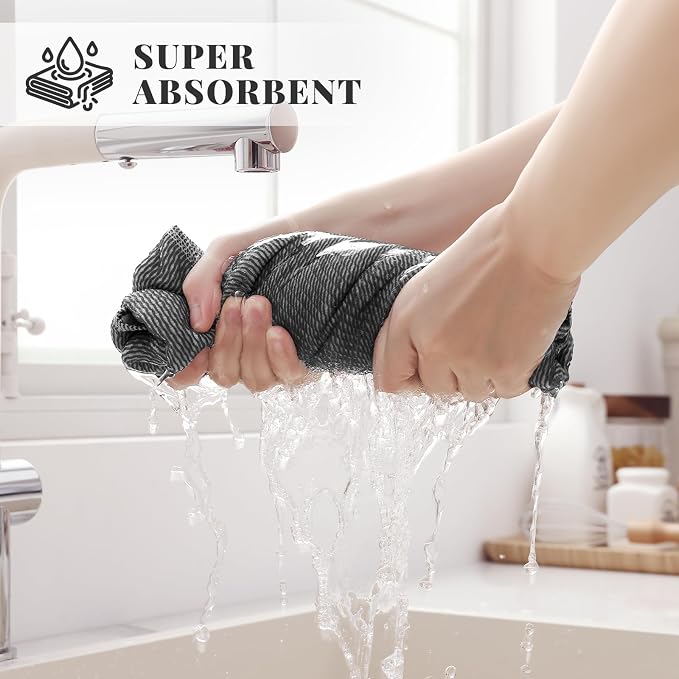 Homaxy 3 Pack Cotton Terry Premium Kitchen Towels, 18 x 28 in, Black | Large 380 GSM Dish Towels, Highly Absorben Flat & Terry Kitchen Hand Towels, Soft Utility Tea Towel Set with Hanging Loop