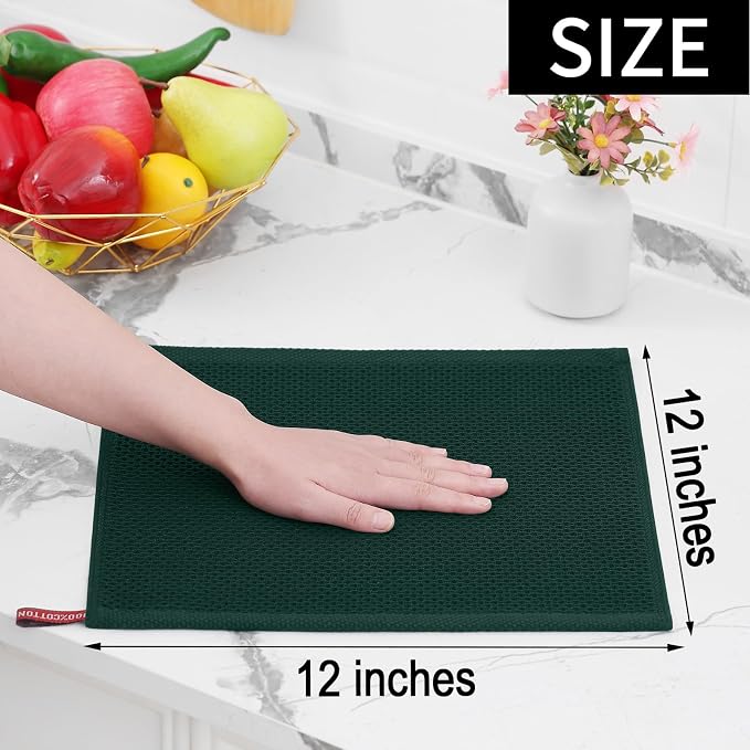 Homaxy 100% Cotton Waffle Weave Kitchen Dish Cloths, 4-Pack, Blackish Green | 12 x 12 Inches, Ultra Soft Absorbent Dish Towels, Quick Drying Dish Rags with Hanging Loop