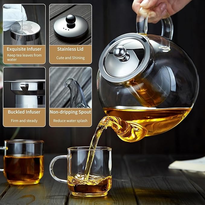 DOPUDO 42OZ (1250ML) Glass Teapot with Infuser Stovetop Safe, Clear Glass Tea Pot Kettle, Borosilicate Tea Pot with Infusers Filter for Loose Tea, Tea Kettle Dishwasher Safe