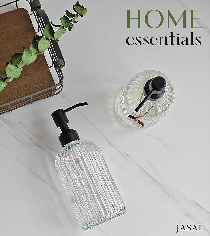 JASAI 2PACK 18Oz Simple Glass Soap Dispensers with Black Rust Proof Pump | Refillable Kitchen soap Dispenser with Vertical Stripe, Bathroom Soap Dispenser for Bathroom Hand soap, Dish Soap, Lotion