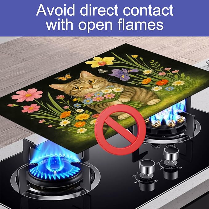 HOMETITUTE Flower Bouquet Cat Stove Top Covers for Electric Stove Cover 28x20 Inches Decorative Glass Cooktop Pad Heat Resistant Stovetop Cover Kitchen Mat for Sinks and Worktops Made with Diatomite