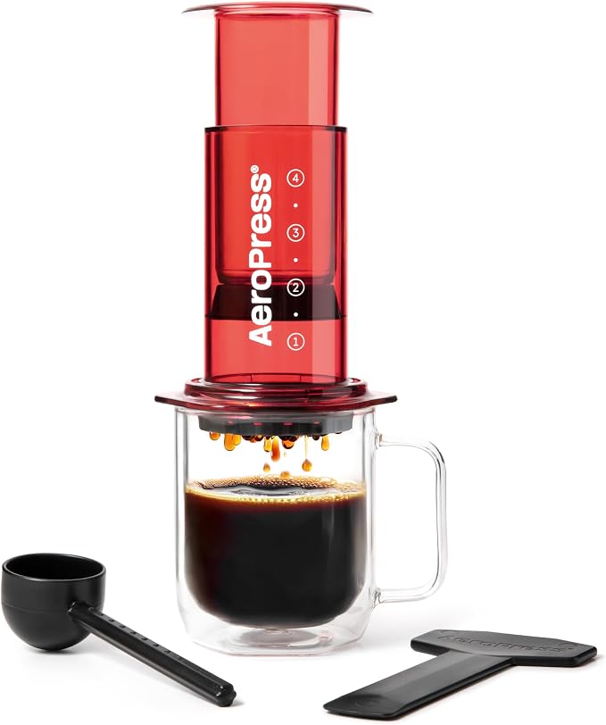 AeroPress Clear Red Coffee Press, French Press, Pour-Over & Espresso Style | All-in-One Manual Coffee Maker, 2-Minute Brew, Less Bitterness, More Flavor, Portable, Travel & Camping