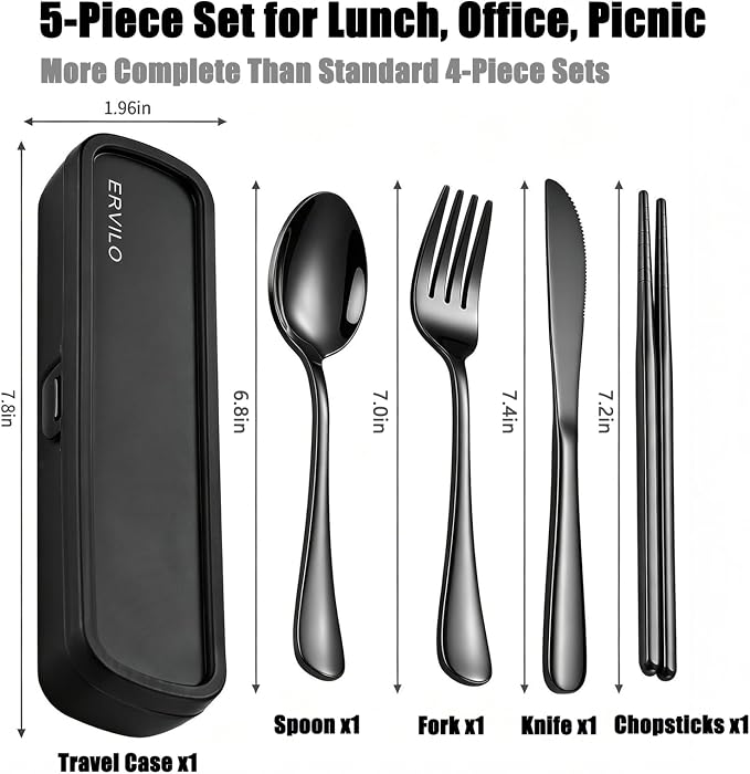 Travel Utensils with Case, Stainless Steel Portable Cutlery Set for Camping Picnic, Lunch Box Silverware for Work, Reinforced Case with Snap-Lock Closure, Include Fork Spoon Knife Chopsticks, Black