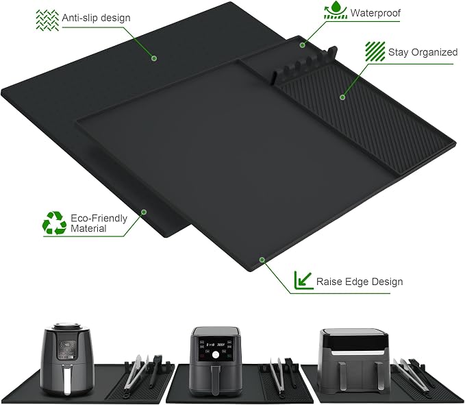 Boribim 24x16 Inch Silicone Mat for Kitchen Counter, Heat Resistant Mat for Countertop - Kitchen Countertop Organizers and Storage Essentials - Air Fryer Mat for Microwave, Oven, Coffee Maker (Black)
