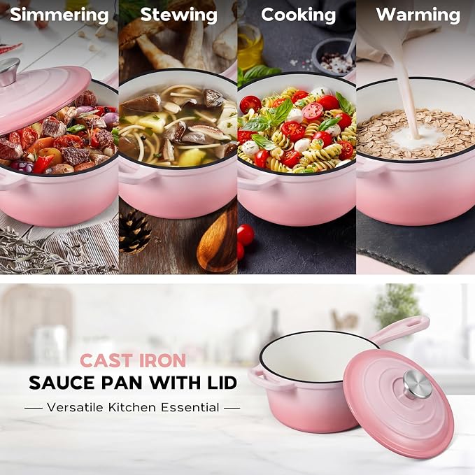 Onader Cast Iron Sauce Pan Pot, 2QT Small Saucepan with Lid, Enameled Cast Iron Dutch Oven Cooking Kitchen Pot – Pink