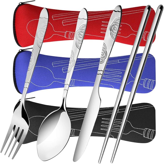 Arroyner 6 Pack Reusable Flatware Sets Knife, Fork, Spoon, Chopsticks, 24Pcs Portable Travel Stainless Steel Tableware Dinnerware with Carrying Case
