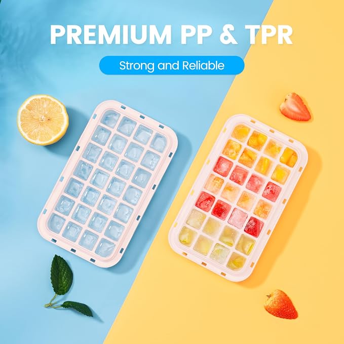 Ice Cube Tray with Lid and Bin, Easy Release 28 Cubes for Freezer | Food-grade BPA-free PP and ABS. Ice cubes for fruit, cocktails, iced coffee. Space-saving stackable with scoop