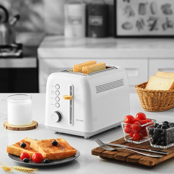 BUYDEEM DT620 2-Slice Toaster, 7 Shade Settings, Extra Wide 1.5'' Slots for Bagel & English Muffin, 6 Toasting Functions, Retro Stainless Steel Toaster with High Lift Lever, Arctic White