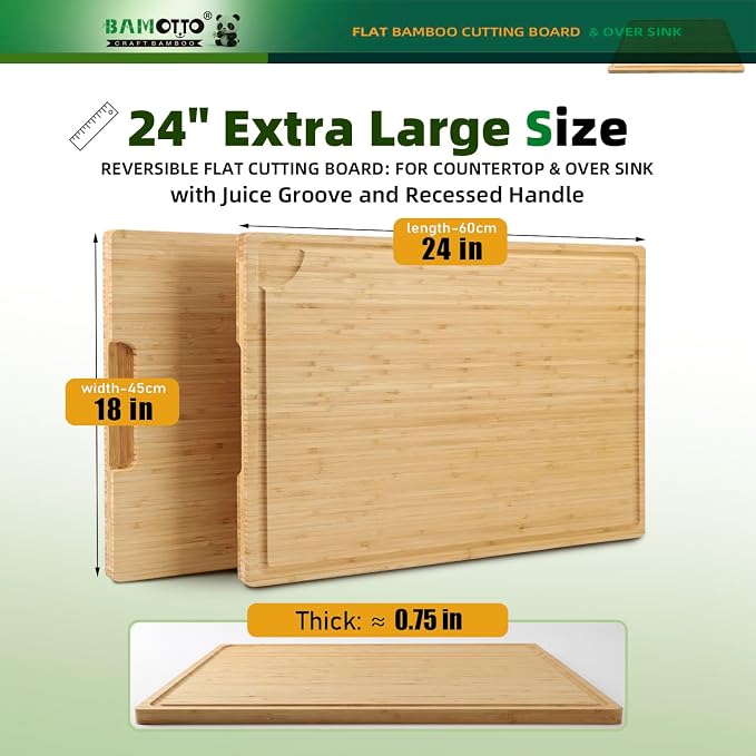 BAMOTTO CRAFTBAMBOO Extra Large Bamboo Cutting Board 24"x18" | Juice Groove | Handles | 100% Natural Bamboo Flat Board for Meat Carving, Charcuterie, Cheese Bread & Daily Kitchen Prep
