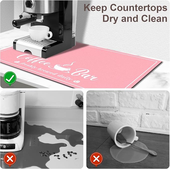 CooRug Fashion Coffee Mat, Dish Drying Mat 16" x 24" Pink | Hide Stain, Absorbent, Coffee Bar Accessories, Heat Resistant, Non-slip, Eco-friendly, Easy to Clean