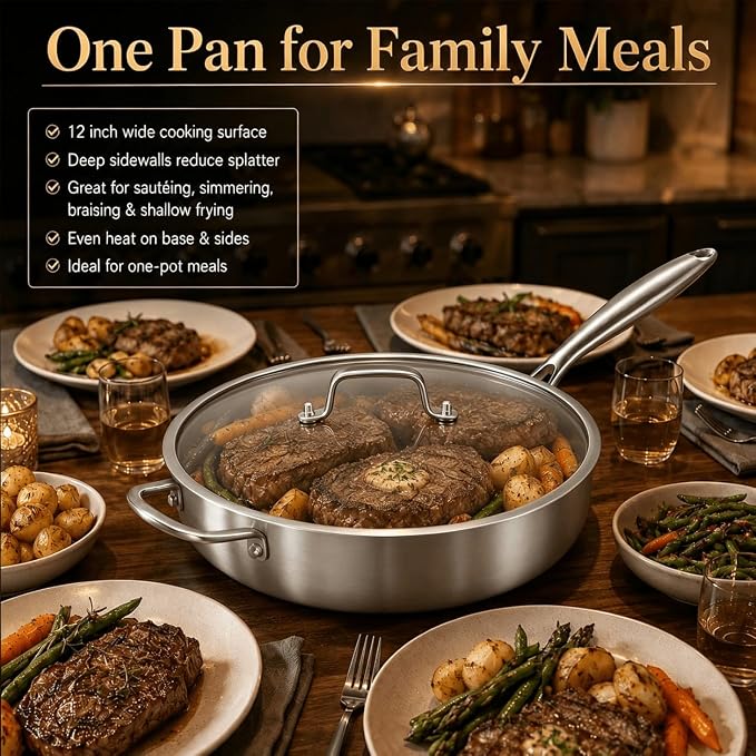 DELARLO Tri-Ply Stainless Steel Frying Pan,12 inch Skillet with Lid,6 Quart Saute Pan,Compatible with All Cooktops,Oven Up to 660℉,Chicken Fryer,Dishwasher-Friendly
