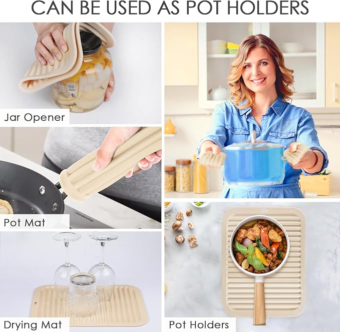 QPIX DIGITAL 4 Pack Beige Silicone Trivets For Hot Dishes, Large And Heat Resistant Silicone Pot Holder Hot Pads For Kitchen, 9x12 Trivet Mat For Hot Pots And Pans, Jar Opener, Drying Mat