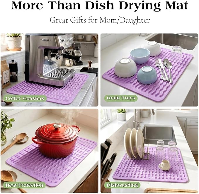 CAKETIME 2 Pack Multicolor Silicone Dish Drying Mat for Kitchen Counter Waterproof Place mats Stove Top Organizer Cooking Appliance Trays Dryer Rack Drainers Items Extra Large 24"*18" Purple