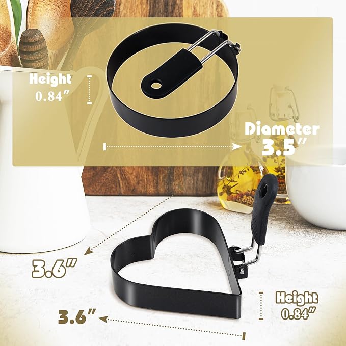 2-Pack Round+Heart Egg Rings Set with Silicone Handle, Stainless Steel Egg Cooking Rings，Nonstick，For Frying Eggs and English Muffins Pancake, Egg Mold Shaper For Breakfast
