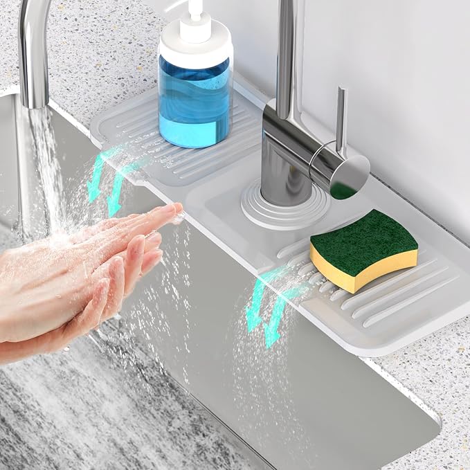 14.6'' Faucet Mat for Kitchen Sink [5°Slope Fast Self-draining] Kitchen Sink Splash Guard Silicone Kitchen Sink Faucet Mat Splash Guard for Kitchen Sink Area Faucet Guard Draining Mat Light Gray