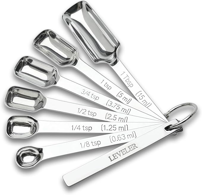 Stainless Steel Teaspoon Measuring Spoons Set of 7 with Leveler | Long Handle Rectangular Metal Teaspoon Tablespoon for Measuring Kitchen Spice, Dry & Liquid Ingredients