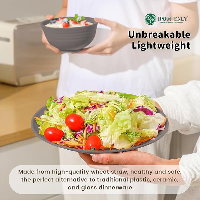 Wheat Straw Plates and Bowls Set, Lightweight & Unbreakable Dinnerware Set for Kitchen, Parties, Holidays, Microwave and Dishwasher Safe Dish Set - Plate Sets, Bowls, Cups, 24pcs (Grey Stone)