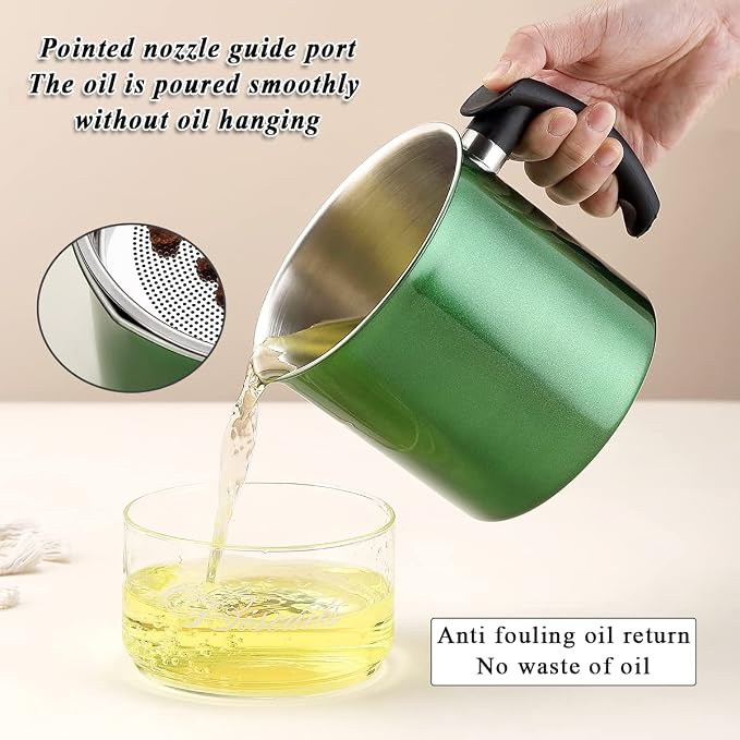 Kyraton Bacon Grease Container With Strainer, 48 oz Metal Shining Green Coating Oil Container, Pot Fat Storage With Lid, Easy Grip Handle Suitable For Storing Frying Oil And Cooking Grease