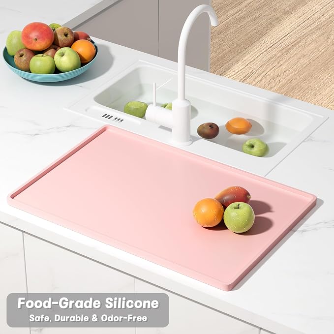 Rnivvi Silicone Coffee Mat, 12" x 19" Waterproof Raised Edge Coffee Bar Mats for Espresso Machine Station Accessories, Heat Resistant Dish Drying Pad for Kitchen Counter, Rubber Bar Decor Pad, Pink