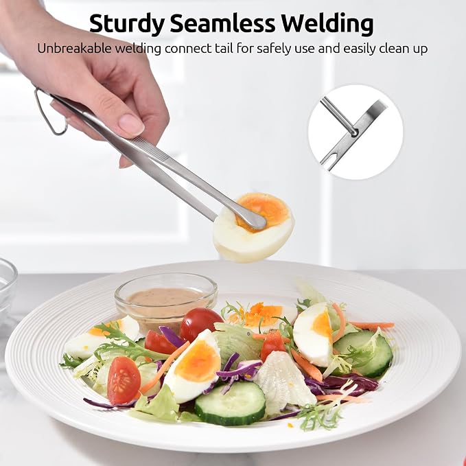 U-Taste Kitchen Cooking Tweezers, 18/8 Stainless Steel Tongs Set of 2, 8in | Food-Grade Metal Food Tongs Set, Seamless-Welding, Long Professional Chef Tweezer for Plating Serving Grilling Frying Feeding