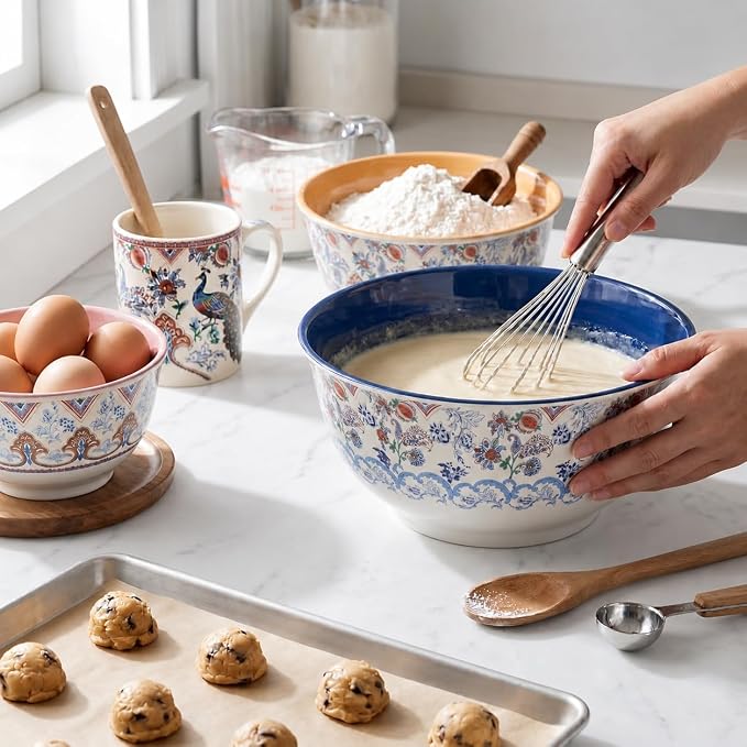 TP Melamine Mixing Bowl Set with Lids, Salad Bowl Set of 3, Ottoman Floral | Nesting Design,Break-resistant,Pasta & Salad Prep, Baking Prep, Space-saving Storage, Freezer Safe, Dishwasher Safe
