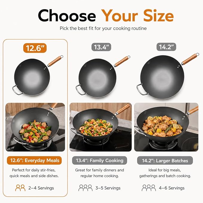 WANGYUANJI 12.6 Inch Carbon Steel Wok with Lid, Flat Bottom Wok Pan for Induction, Electric and Gas Stoves, Uncoated Chinese Stir Fry Pan with Wooden Handle