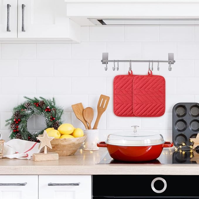 R HORSE 6 Pack Red Pot Holders with Pocket for Kitchen, 7''x 9'' | Cotton Kitchen Potholder, Heat Resistant Oven Mitts, Non-Slip Hot Pads Terry Cloth, Ideal for Baking, Cooking, Christmas Gift