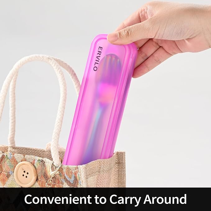 Travel Utensils with Case, Stainless Steel Portable Cutlery Set, Lunch Box Silverware for Work Camping Picnic, Reinforced Case with Snap-Lock Closure, Include Fork Spoon Knife Chopsticks, Rainbow