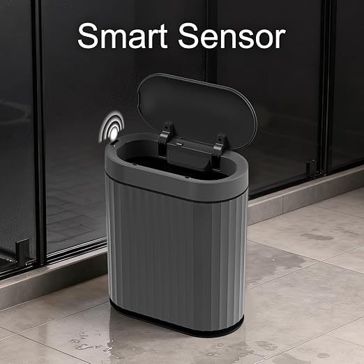 ELPHECO Bathroom Trash Can with Automatic Lid, 2 Gallon, Cement Grey Black | Motion Sensor Garbage Can, IPX5 Waterproof Slim Plastic Wastebasket, Smart Trash Bin for Bedroom, Bathroom and Office