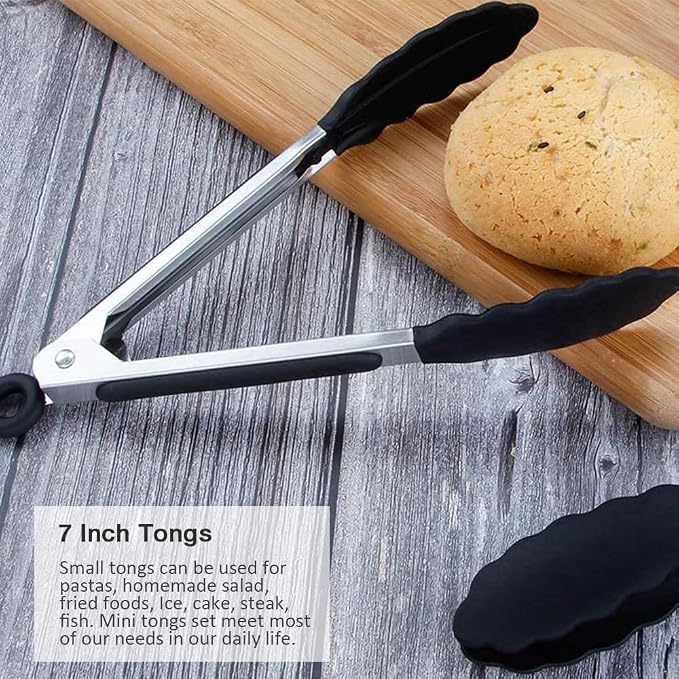 7 Inch Mini Silicone Serving Tongs with Silicone Tips Set of 2 | Stainless Steel Handle, Non-Scratch, Heat Resistant