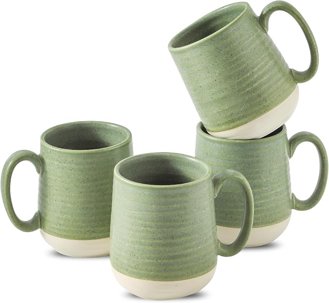 HASENSE Porcelain Coffee Mugs Set of 4, 15 Oz Large Coffee Cups, Latte Cup with Handle, Tea Mugs for Men and Women, Modern Coffee Mug for Cappuccino, Milk, Cocoa, Microwave & Dishwasher Safe, Green