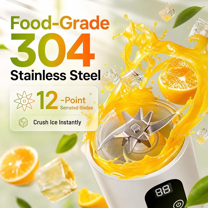 20 oz Portable Blender, 12-Blade USB-C Rechargeable, White | Personal mixer cup with handle for shakes, smoothies, protein drinks, fruit and small ice, self-cleaning design