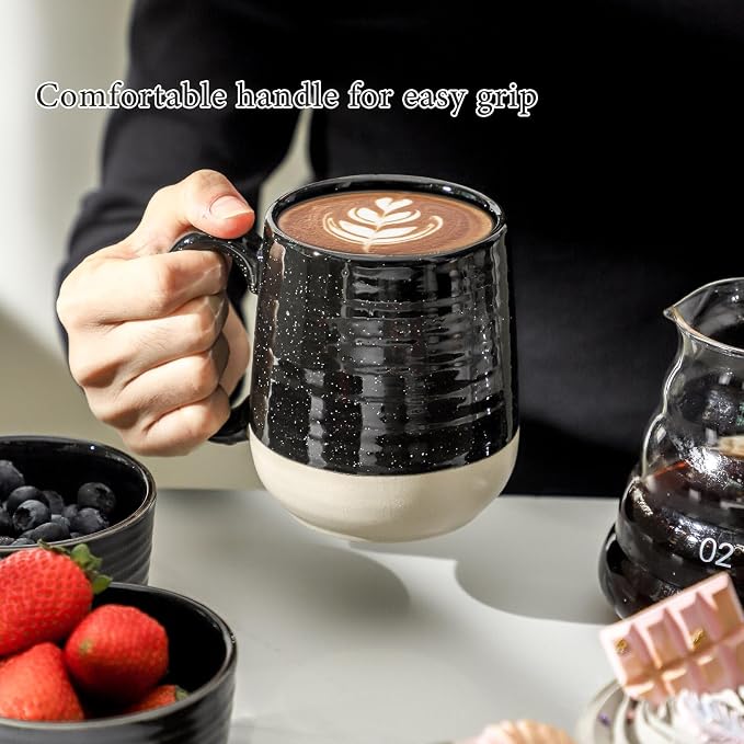 HASENSE Ceramic Coffee Mugs Set, 15 oz Large Coffee Cups Set of 4, Tea Cups with Handle for Men and Women, Latte Mugs for Coffee, Tea, Milk, Hot Chocolate, Microwave Dishwasher Safe, Black