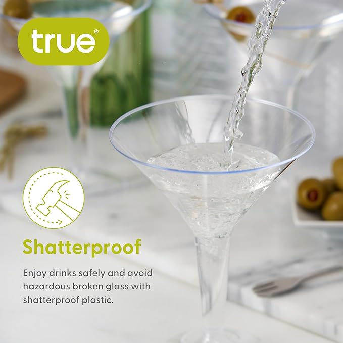 True Party Disposable Plastic Martini Glasses - Stemmed Clear Cocktail Cups for Outdoors, Parties - 8oz Set of 12