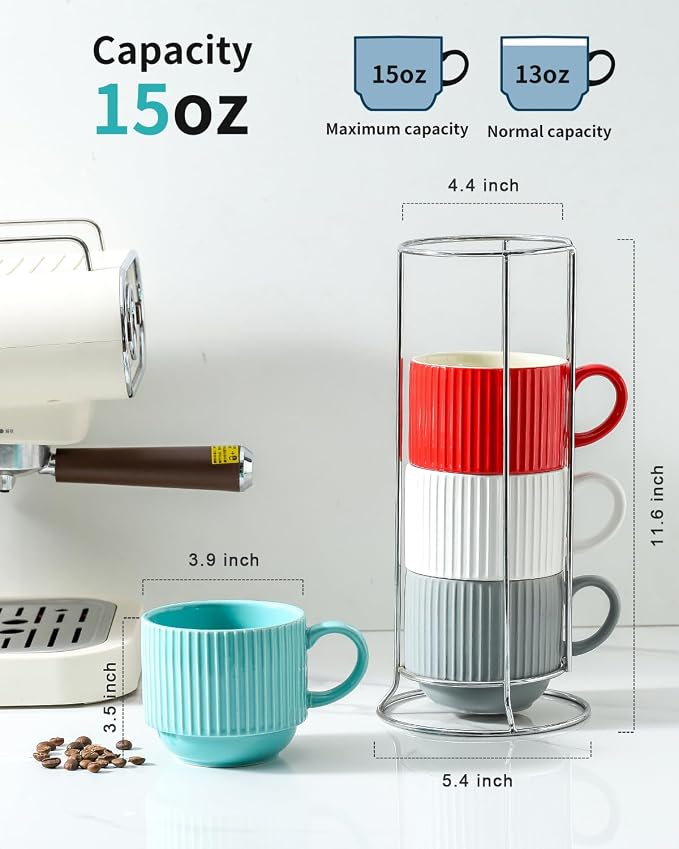 HASENSE Ceramic Coffee Mug Set of 4 with Rack - 15 oz Stacking Ribbed Latte Cups Set for Cappuccino, Tea, Hot Cocoa, Drinks - Wedding & Housewarming Gifts Assorted Colors