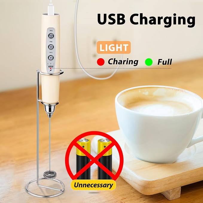 Milk Frother Wand Rechargeable Handheld Electric Whisk 3 Speed Adjustable | Coffee Frother Wand with 3 Stainless Whisks Electric Foam Maker Drink Mixer Blender for Latte Cappuccino Matcha Egg