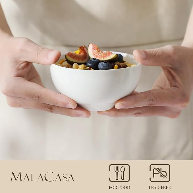 MALACASA 10 Oz Small Ceramic Bowls Set of 8, White Bowls for Ice Cream | Perfect for children, dessrt, Side dishes, rice, & ice cream; scratch-resistant, stackable, microwave, oven & dishwasher safe