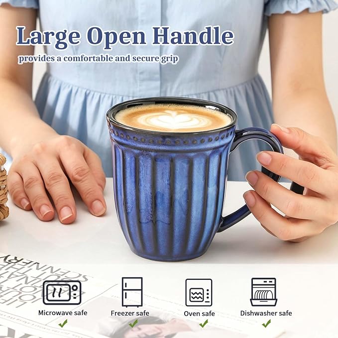 Coffee Mugs Set of 4, 16oz Navy Blue Ceramic Coffee Mug with Embossed Ribbed, Farmhouse Tea Cup Set for Latte, Cappuccino, Milk, Large Handle, Suitable for Office Home Restaurant Housewarming Gift