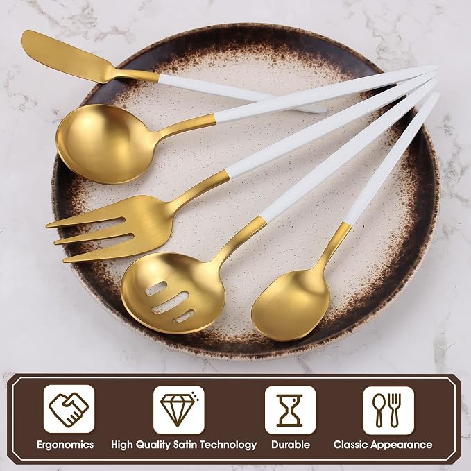VANVRO Matte White Gold Serving Silverware Set, 5-Piece Round Shared Utensils Set of Stainless Steel, Hostess Flatware Serving Set, Satin Finish, Dishwasher Safe