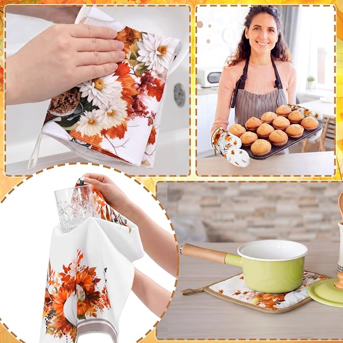 Fourluoo 10 Pcs Fall White Pumpkin Kitchen Decor Set White Pumpkin Rugs Towels Oven Mitts and Pot Holders Farmhouse Kitchen Decor Set for Gift Cooking Baking Grilling