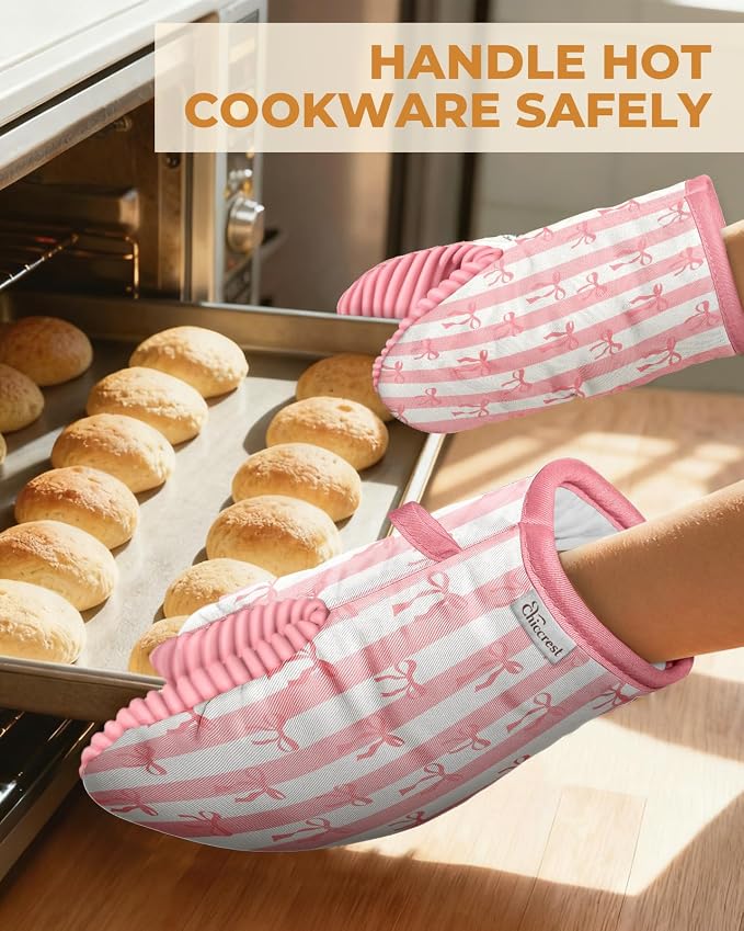100% Thick Cotton Oven Mitts Ribbed Soft Silicone Cute Pink Bow | Aesthetic Oven Mitts for Women, Machine Washable Non-Slip Kitchen Mitts, Reversible for Both Hands, Stylish Kitchen Decor