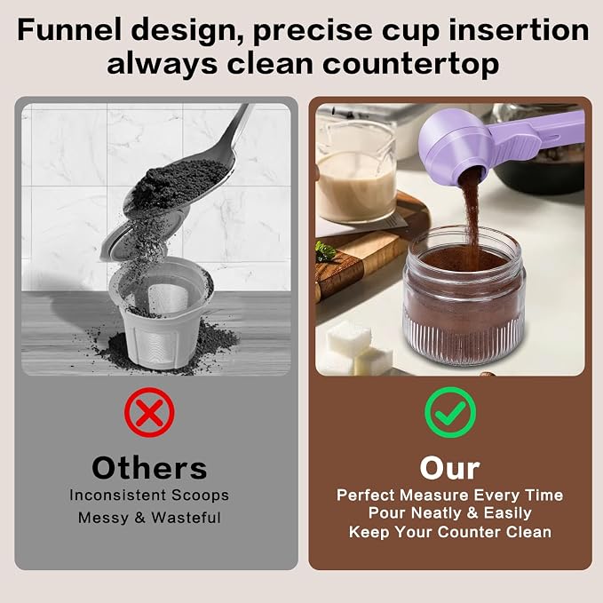 2-in-1 Coffee Scoop with Funnel, 2 Tbsp Measuring Spoon for Reusable K Cups, Ground Coffee, Protein Powder & Tea, Mess-Free Plastic Design（Light Purple-2pack）