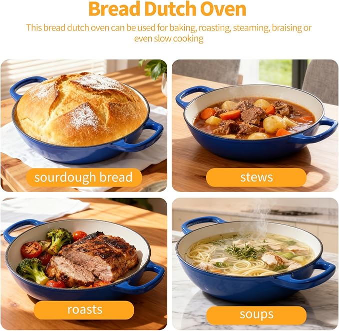 6QT Enameled Cast Iron Dutch Oven For Sourdough Bread Baking | Dutch Oven Pot With Lid,Non-stick Sourdough Baking Pan with Bread Dome,Round Ceramic Dutch Oven Pot for Homemade