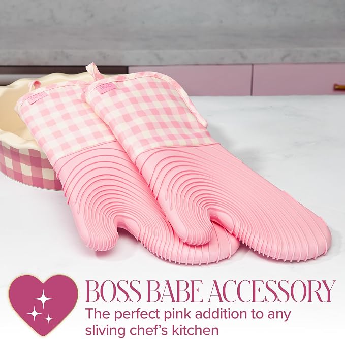Paris Hilton Oven Mitt Set with Limited Edition Pink Gingham Design, Heat Resistant Pot Holders Featuring Non-Slip Textured Silicone Grips, 2-Piece Set, Pink