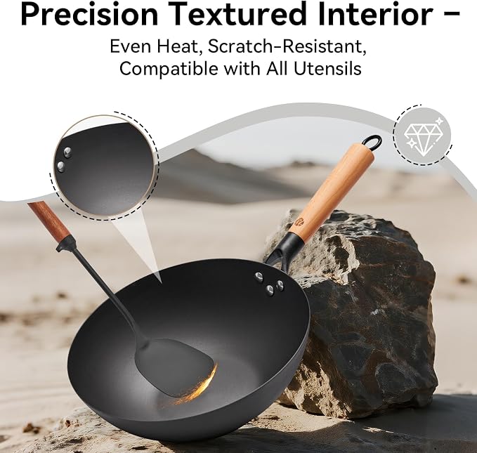 WANGYUANJI 11.8" High Purity Iron Wok Pan,Flat Bottom Stir Fry Pan for Electric,Induction & Gas Stoves,No Chemical Coating Carbon Steel Alternative,Traditional Hand-Hammered Skillet for Cooking