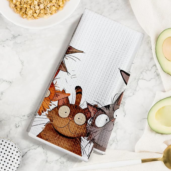 3 Pcs Cute Cat Kitchen Towels, Funny Cats Gifts Absorbent Hand Towels-02 | Cat Dish Cloths for Drying Dishes, Cats Waffle Dish Towels for Kitchen Home Bathroom Decor, Cat Lover Gifts for Women Mom