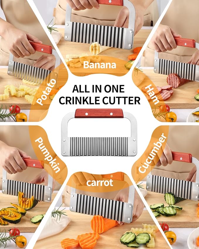 2 Pcs Crinkle Cutter Potato Slicer Wavy Chopping Tool French Fry Veggies | Heavy Duty Wooden Handle Sharp and Deep Waves Crinkle Cutting Set for Carrot Zucchini Pickled Cucumber Dishwasher Safety