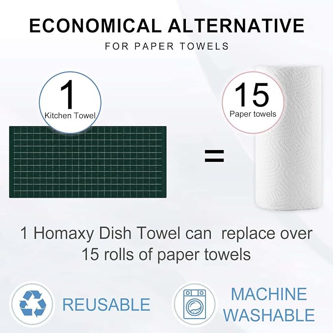 Homaxy Kitchen Towels and Dishcloths Set, Set of 10, Blackish Green | Bulk Cotton Terry Kitchen Towels, Checkered Designed, Soft and Super Absorbent Dish Towels, 12 x 12 and 13 x 28 Inches