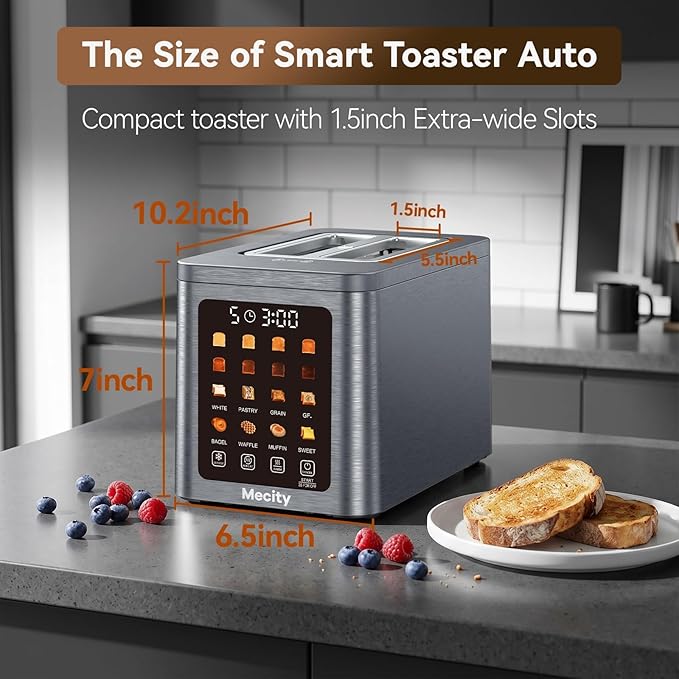 Mecity 2 Slice Smart Touchscreen Toaster, Stainless Steel Wide Slot Toasters with Auto Lift & 30-Minute Warm, Memory Function, Defrost & Auto Shutoff, Digital Electric Bread Toaster for Bagels