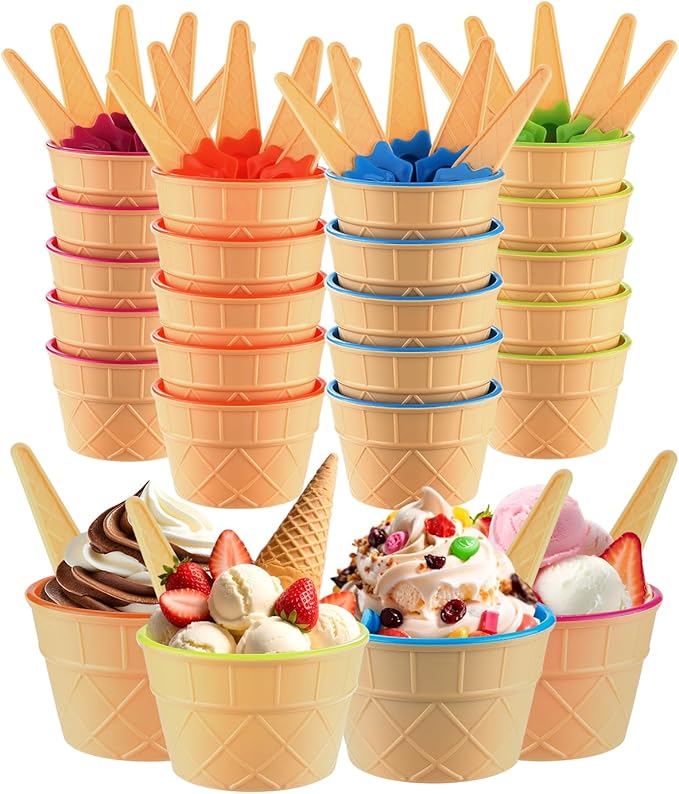 24 Pack Ice Cream Bowls and Spoons Set Plastic Cups Party Favor Gift | Reusable Cute Dessert Bowls Set For Graduation Birthday Parties Festive Durable Lovely Colorful DIY Frozen Yogurt Candy